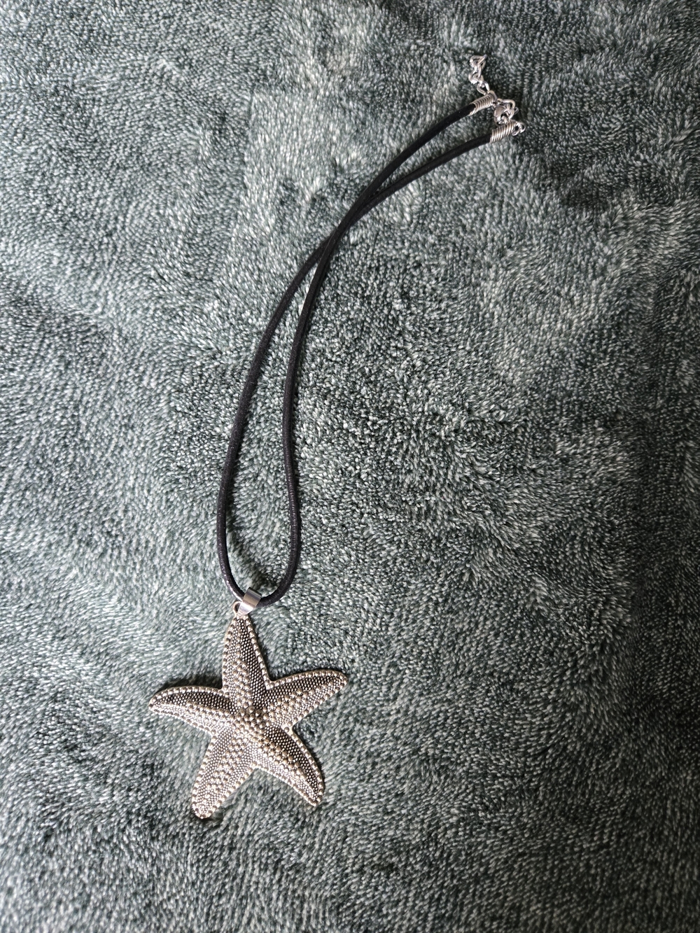 Textured Silver Starfish Pendant on Black Cord Necklace